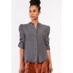 Muche Muchette Women's Gray Puff Sleeve Button Up Shirt Top Tencel Size S/M